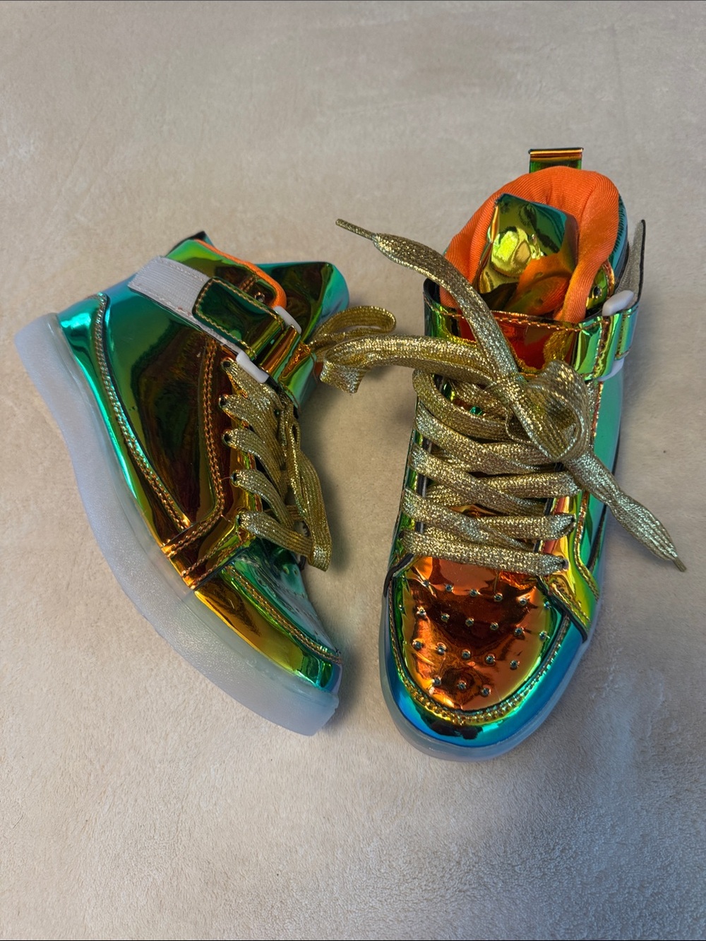 Women’s LED size 6 Iridescent High-Top Sneakers with Gold Laces light up